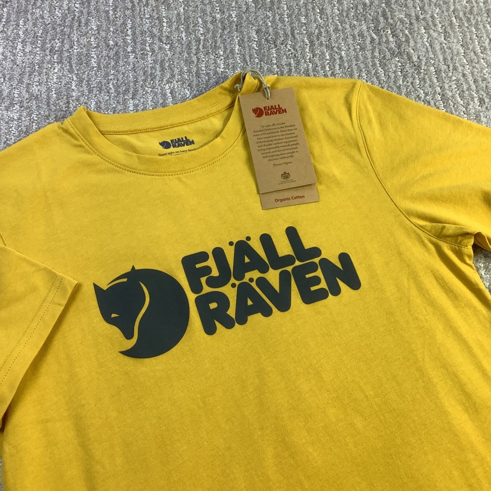 Fjallraven Mens Logo T-Shirt Ochre Yellow Organic Cotton Graphic Tee Size XS NWT